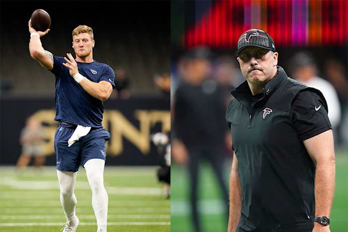 Tennessee Titans quarterback Will Levis (L) and Atlanta Falcons coach Arthur Smith (R)